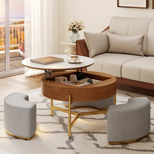 Bulverde Sintered Stone Lift Top Extendable Frame Coffee Table with Storage 3 Stools, Stainless Steel Legs